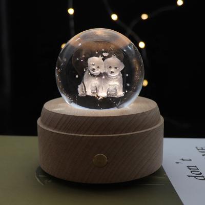 China 2022 EUROPEAN Puppy 3D Crystal Ball Night Light Led Light Wooden Puppy 3D Lamp Kids Gift Dimmable Base With Music Box for sale