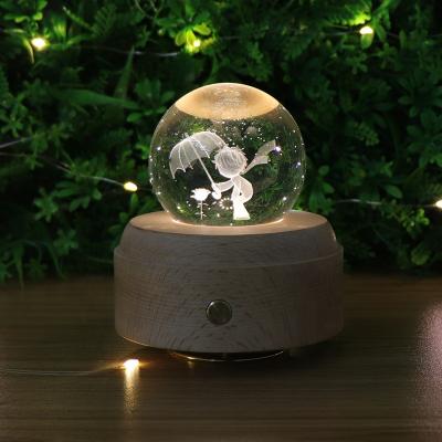 China Small EUROPEAN Wooden Led Low Light Desk Decoration 3D Prince Christmas Gift Lamp Crystal Night Light Music Box with kc battery for sale