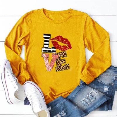 China 2022 New QUICK DRY Valentine's Day Sweater Leopard Print LOVE Women's Casual Round Neck Long Sleeve Hoodie Shirt for sale