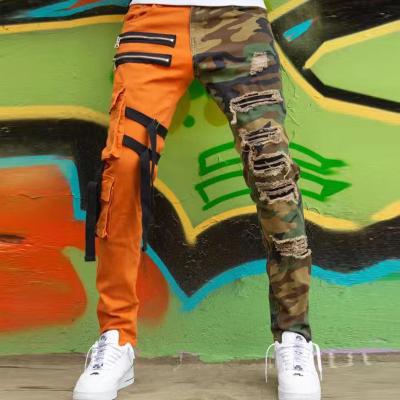 China Fashionable Mens Jeans Pants Camouflage Straight Patchwork Laced Cargo Pants Mens Ripped Skinny Jeans With Strings for sale