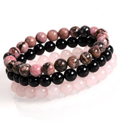 China Hot Sale Natural Jewelry 8mm 3pcs/set Rose Quartz Rhondonite Beads Natural Beads Bracelet Bangle For Women Natural Healing Stone Elastic Bracelet for sale