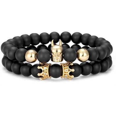 China FASHIONABLE personal co-workers charm frosted black agate bracelet cheap natural stone beads bracelet double crown charm beads set charm bracelets for sale