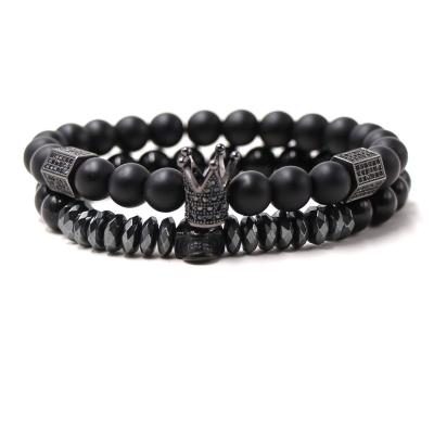 China 2Pcs/Set Men's 8mm Matte Black StoneJewelry Hot Style Punk Elastic Micro Pave Black CZ Crown Skull Mens Bracelet Set for sale