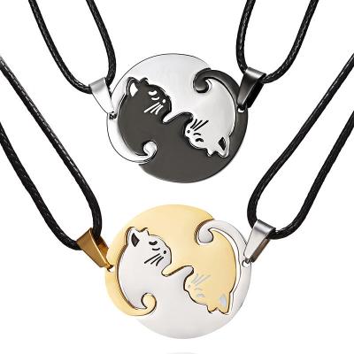 China FASHIONABLE Simple Black and White Animal Cat Couples Necklace Kitten Pendant Stainless Steel Splice Pendant Necklaces for sale