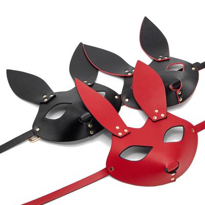 China Leather Bondage Hood Full Face Blinder Detachable PU Leather Cover Up Sex Maskes Bunny Long Ears Maskes BDSM for sale