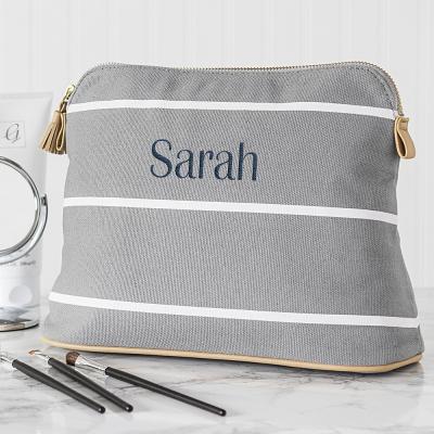 China Personalized Blue Stripe Cotton Canvas Cosmetic Bag Bag for sale