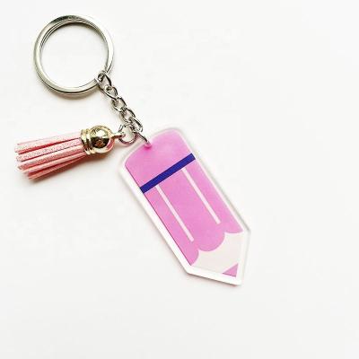 China Fashional Keepsake Gifts Personalized Sublimation Clear Blank Monogram Tassel Teachers Gifts Pencil Plastic Acrylic Key Chain for sale