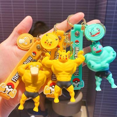 China Anime Funny Cartoon Handsome Gadget Souvenir Car Chain 3D Muscle Pokemen Pika Psyduck Keychain With Wristband Purse Decoration for sale