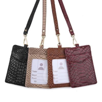 China Fashion Python Texture Pattern Leather ID Card Holder Credit Card Wallet Bus Badge Pass Lanyard Card Holder for sale