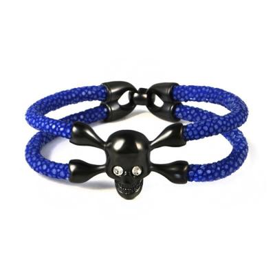 China FASHIONABLE luxury punk skull bracelet stainless steel jewelry stingray skin genuine leather bracelet for sale