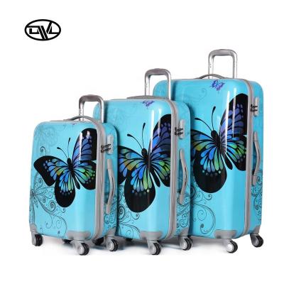 China PC Customized Design Blue Butterfly ABS PC Film Printed Trolley Travel Luggage Bag Set 20