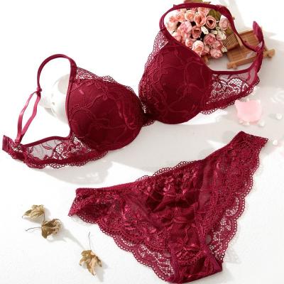 China Fashion QUICK DRY Women's Lace Lift Up Bra Brief Set Transparent Lace Bra Panties Set Women Underwear Set for sale