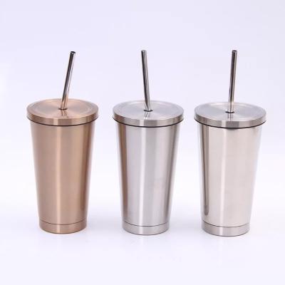 China Custom Logo Wholesale Lean Stainless Steel Tumbler Beer Mug Travel Mug Viable With 16oz Straw Silver for sale