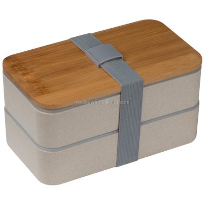 China Biodegradable Bamboo Fiber Bento Lunch Box Bamboo Lid Plastic Container Freshness Catering Food Container and Cutlery 2layer for sale