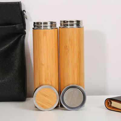 China Business 500ml Stainless Steel Water Bottle Natural Bamboo Vacuum Insulated Flask Thermos Bamboo Mug With Strainer for sale