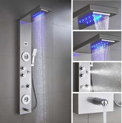 China Modern Stainless Steel Shower Panel Tower System, LED Rainfall Waterfall Shower Head 6-Function Faucet Rain Massage System for sale