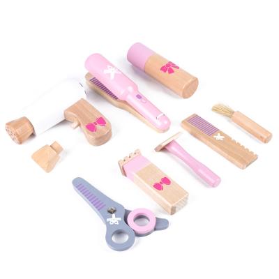 China Educational Toy Wooden Pretend Cut Hair Play Set Children Role Play As Barber Wooden Barber Tool Toy for Girls and Boys 2021 New Design for sale