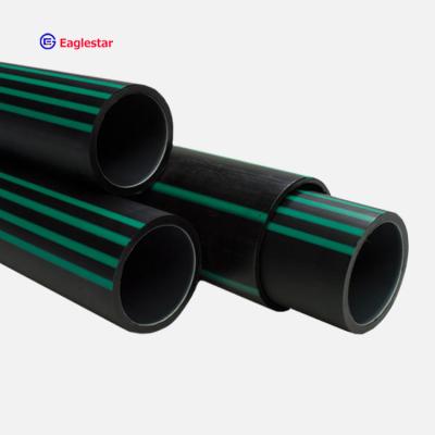 China PE pipe 54mm 63mm diameter pe customized length 54mm 63mm 75mm 90mm 110mm black or black with two groups of four green stripes, for sale