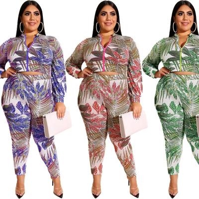 China QC-19331 QUICK DRY Hot Selling Drop Leaf Printing Plus Size Two Piece Zipper Clothes Women Pants Sets for sale