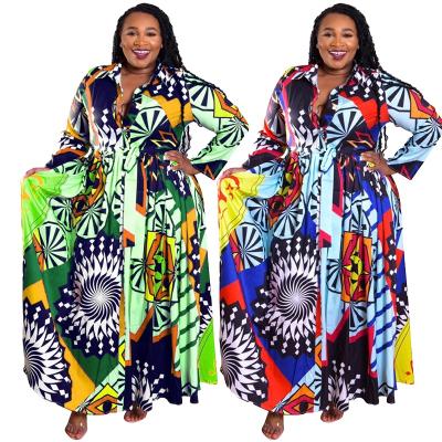 China New Design QC-19468 Anti-Static Women African Print Plus Size Oversized Dresses With Belt for sale