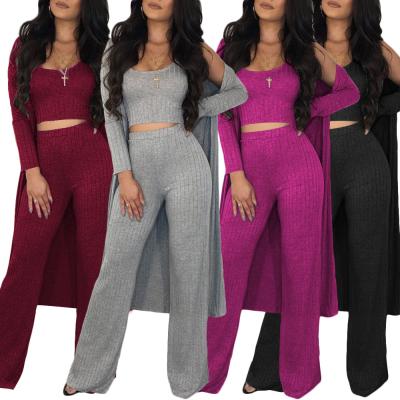 China Wholesale Anti-wrinkle QC-S3403 Ladies Rib Knitted Crop Top Fall 3 Piece Set Women Two Piece Set for sale