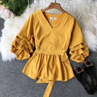 China ZY-198254 Hot Selling Anti-Shrink Chiffon Sleeves V Neck Vintage Yellow Casual Blouse Short Blouse For Women ZY-198254 for sale