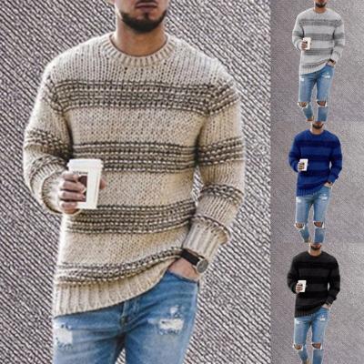 China QUICK DRY QC-1808-DL409 plus size striped casual pullover knitted sweater men round neck winter sweaters for men for sale