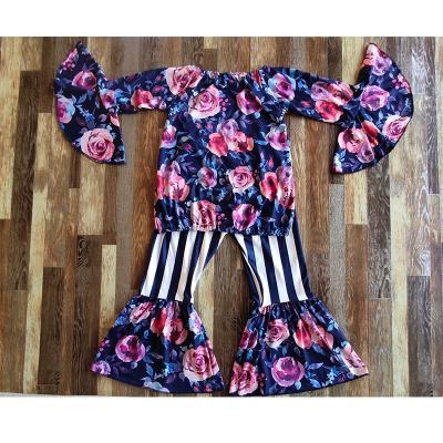 China Best Selling Flower Print Rocket QC-W-3-3 Casual Two-Piece Sleeve Set Kids Child Fashionable Striped Clothes Set Girls for sale