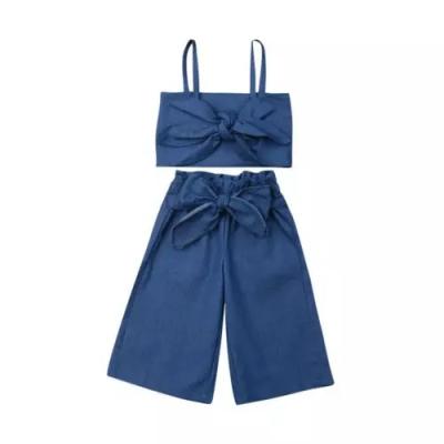 China QC-FT33941 Denim Bow Sling Top 2 Pcs Kids Casual Clothes Sets Fashionable White Summer Kids Clothing Sets Two Piece for sale