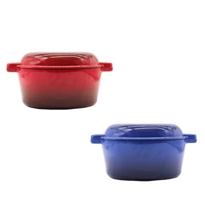 China Sustainable Non-Stick Enameled 2-in-1 Multi Cooker Set Double Use Cast Iron Casserole Pot Set for sale