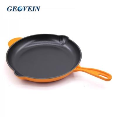 China Large Size DIA32 Cm Enamel Sustainable Cast Iron Frying Pan Cast Iron Skillet With Long Handle for sale