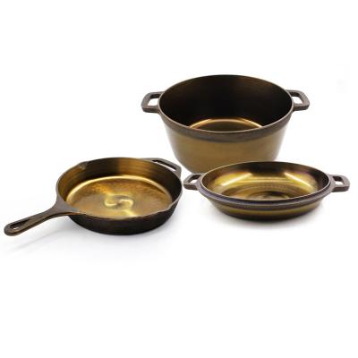 China Sustainable Smokeless Fine Polished Cast Iron Natural Nonstick Multi Function Gold Color Cookware Set for sale