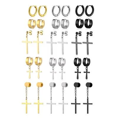 China Environmental Friendly 15Pairs Stainless Steel Earring Jewelry Studs Circle Earrings Hinged To Dangle Cross Earrings Set For Men And Women for sale