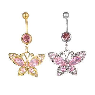 China Qianyou Stainless Steel Durable Pink Diamond Butterfly Navel Rings Body Fashion Piercing Jewelry for sale