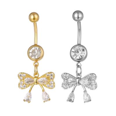 China Qianyou Bow Tie Design Durable Classic Gold Shape Silver Multi Color Zircon Rhinestone Belly Button Rings For Body Piercing Jewelry for sale