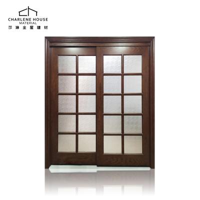 China Modern temple walnut color glass door design with lattice bar sliding wooden door for kliving room, dining room, kitchen for sale