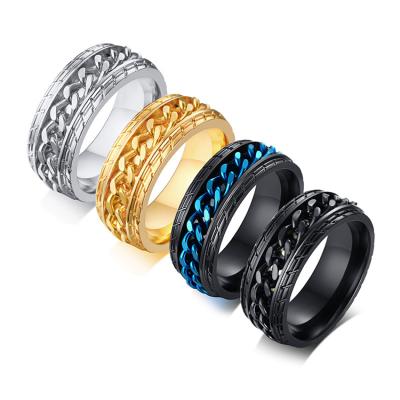 China Mens Punk Unique 8mm Wide Gold Stainless Steel Tire Pattern Band Chain Ring for sale