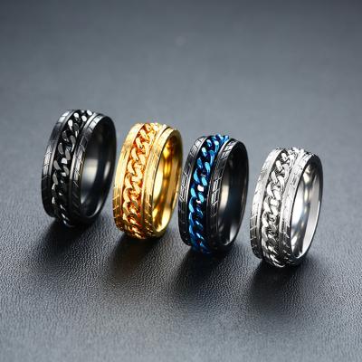 China Men's Metal Finger Ring Blue Chain Tire Pattern Black Band Ring 8mm Wide Punk for sale