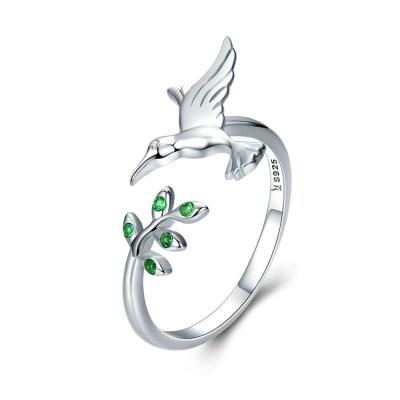 China 925 Sterling Silver Fashion Jewelry Women Emerald Diamond Tree Leaf Bird Open Ring for sale