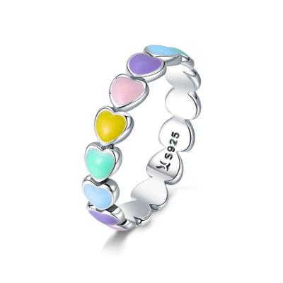 China TRENDY 925 Sterling Silver Women Stackable Enamel Rainbow Love Heart Ring for sale