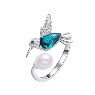 China 925 FASHIONABLE Sterling Silver Luxury White Pearl Austria blue shiny Crystal Bird Engagement Rings for sale