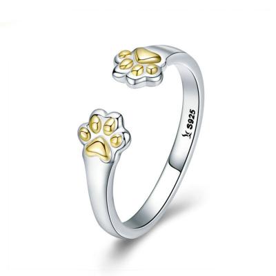 China 925 Sterling Silver Adjustable Girls Gold Cute Cute Pet Cat Paw Open Rings for sale