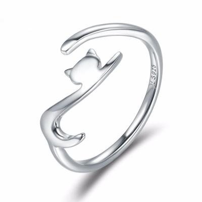 China Cute 925 Sterling Silver Animal Jewelry Girls Cat Open Ring Cute Adjustable for sale