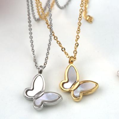 China 18K Plated Silver White 316L Stainless Steel Jewelry Wholesale Girls Shell Butterfly Necklace for sale