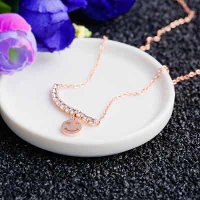 China 18K Plated Personalized Jewelry 316L Stainless Steel Girls Delicacy Rose Gold Smiling Face Diamond Curved Bar Necklace for sale