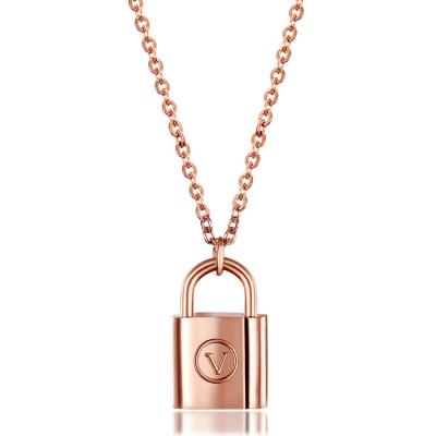 China Letter Engraved Stainless Steel Jewelry Women Rose Gold Letter Engraved Lock Charm Necklace for sale