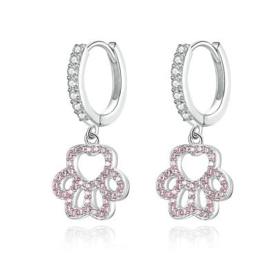 China TRENDY 925 Sterling Silver Women White Gold Plated Pink Diamond Paw Charm Circle Earring Earrings for sale