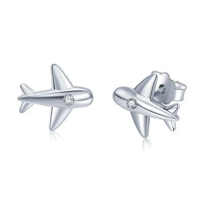 China Cute Christmas Gift 925 Sterling Silver Shiny Diamond Airplane Stud Earrings for sale