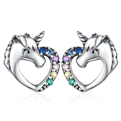 China Christmas Gift 925 Sterling Silver Kids Girls CZ Cute Unicorn Stud Earrings Love Heart for sale