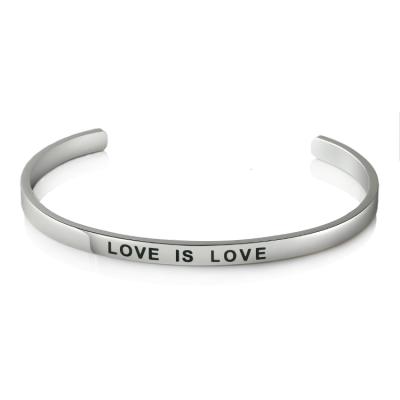 China Custom 316L Stainless Steel CLASSIC Women Jewelry LOVE IS LOVE Letter Logo Engraved C Cuff Bangle for sale